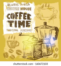 Hand drawn vector coffee set on background