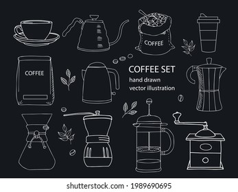 Hand drawn vector coffee set. Сhalk Sketch coffee maker, french press, cup, tea, grinder, kettle, moka pot. Blackboard Cafe menu design, shop. Doodle coffee to go icon, coffee house logo. Illustration