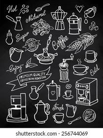 Hand drawn vector coffee set, with coffee, ingredients and devices for coffee making on blackboard. For cafe menu, brochure, fliers, chalkboard