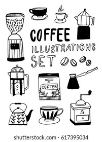 Hand drawn vector coffee set, with coffee, ingredients and devices for coffee making. Isolated on white background for cafe menu, brochure