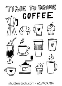 Hand drawn vector coffee set, with coffee, ingredients and devices for coffee making. Isolated on white background for cafe menu, brochure