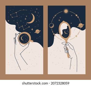 Hand drawn vector collection of astrology and mystical stories templates or banner. Hand holding mug and mirror