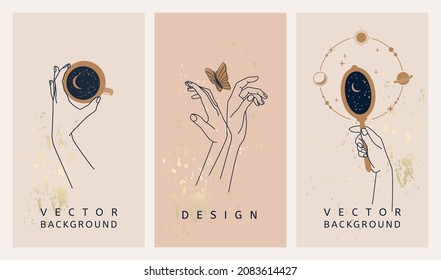 Hand drawn vector collection of astrology and mystical stories templates or banner with hands, butterfly, feather and bird perched on a finger