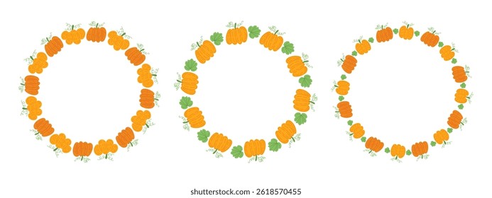 Hand drawn vector collection of autumn pumpkin wreaths. Ideal for Thanksgiving cards, fall decorations, harvest festival invitations, and cozy seasonal designs.