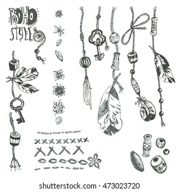 Hand drawn vector collection of boho elements: rope, beads, feathers, seams. Hippie style. Boho chic, black and white illustration.