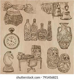 An hand drawn vector collection. Bric a brac, OBJECTS. Line art techniques.