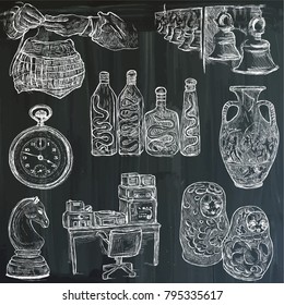 An hand drawn vector collection. Bric a brac, OBJECTS. Line art techniques. Blackboard pack, white lines.