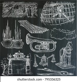 An hand drawn vector collection. Bric a brac, OBJECTS. Line art techniques. Blackboard pack, white lines.