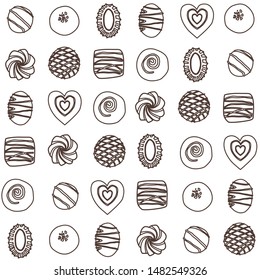 Hand drawn vector collection chocolate candies. Vector bonbon seamless pattern. Background with milk, dark and white chocolate pralines.  Vector isolated cocoa production. Outline Background