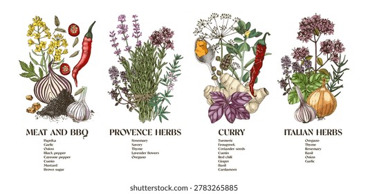Hand drawn vector collection of classic spice blends - meat and BBQ, Provence herbs, curry, and Italian herbs. Sketched seasoning ingredients - sprigs, seeds, and leaves in hand drawn botanical style. Ideal for culinary or packaging design.