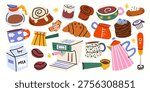 Hand drawn vector collection of coffee and bakery elements in cartoon style with coffee machine, cups, croissants, donuts and cinnamon rolls