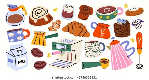Hand drawn vector collection of coffee and bakery elements in cartoon style with coffee machine, cups, croissants, donuts and cinnamon rolls