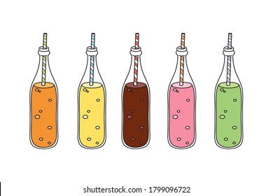 Hand drawn vector collection of cute colorful soft soda drink bottles with a straw isolated on white background. Graphic elements for poster, package, advertising, fabric, wallpaper, textile, banner