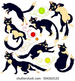 Hand drawn Vector Collection of Cute Cartoon Cats with a ball of yarn.  pet set vector illustration .black cat