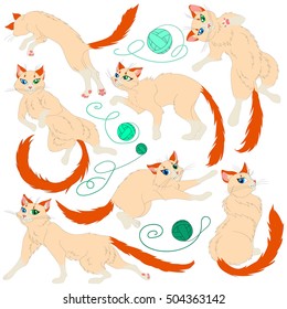 Hand drawn Vector Collection of Cute Cartoon Cats with a ball of yarn.  pet set vector illustration. Van cats 