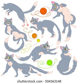 Hand drawn Vector Collection of Cute Cartoon Cats with a ball of yarn.  pet set vector illustration. Gray cat 