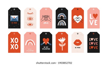 Hand drawn vector collection of Valentine’s Day gift tags. Love and romance tags isolated on white background. Romantic labels for decorative design. Template for holidays and wedding design