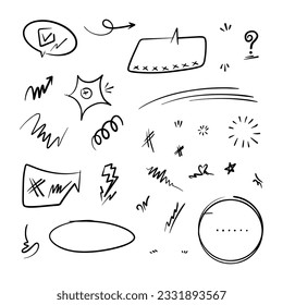 Hand drawn vector collection of diamonds, paper boats, paper boats, question marks, check marks and more.