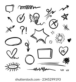 Hand drawn vector collection of diamonds, paper boats, paper boats, question marks, check marks and more.