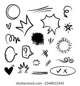 Hand drawn vector collection of diamonds, paper boats, paper boats, question marks, check marks and more.