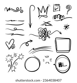 Hand drawn vector collection of diamonds, paper boats, paper boats, question marks, check marks and more.