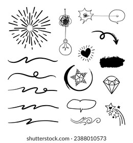 Hand drawn vector collection of diamonds, paper boats, paper boats, question marks, check marks and more.