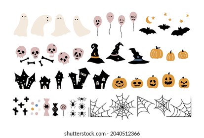 Colección vectorial dibujada a mano de elementos tradicionales de Halloween aislados en blanco. Fantasmas, cráneos, huesos, globos, calabazas, arañas, murciélagos, caramelos. Ilustraciones cortas para la fiesta de Halloween y las fiestas