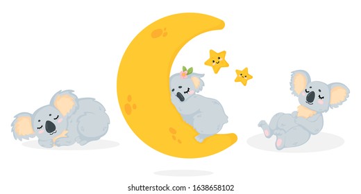 Hand drawn vector collection of illustration with a cute sleeping koala bear in cartoon style. Set of Funny little koala bear lying and sleep in childish style. Isolated on white background.