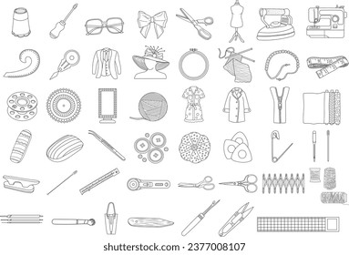 Hand drawn Vector Collection of illustrations showcasing sewing, knitting, and needlework tools and materials Isolated in doodle style