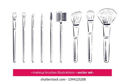 Hand drawn vector collection of line art makeup brushes kit isolated on white background.