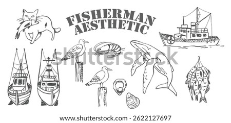 Hand drawn vector collection of nautical elements, fishing boats, sea birds, marine animals and coastal illustrations in vintage fisherman aesthetic style
