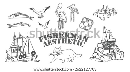 Hand drawn vector collection of nautical elements, fishing boats, sea birds, marine animals and coastal illustrations in vintage fisherman aesthetic style