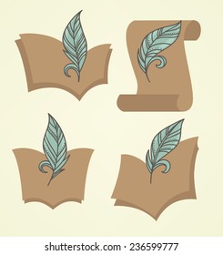 hand drawn vector collection of old books, parchment, reading and writing symbols