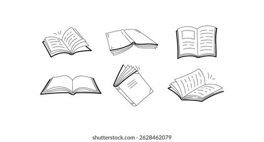 Hand drawn vector collection of open sketch-style books with different perspectives, ideal for educational, library, reading, or literature related projects