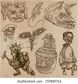 An hand drawn vector collection. Pack of Monsters. Horror. Line Art technique.