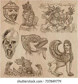 An hand drawn vector collection. Pack of Monsters. Horror. Line Art technique.