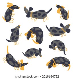 Hand drawn vector collection of playing spotted dachshunds. Perfect for scrapbooking, greeting card, poster, textile and prints. Doodle style illustration for decor and design.
