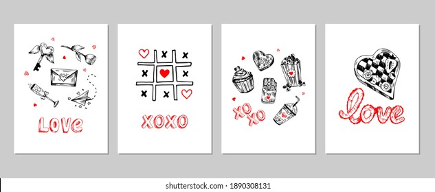 Hand drawn vector collection of red, black, white colored Valentine's day gifting cards. Graphic style sketches with love elements and words. 14 February gifting cards. 