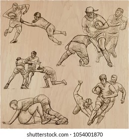 An hand drawn VECTOR collection of RUGBY sport. Pack of some sportsmen in different situations. Hand drawings, line art technique, freehands.