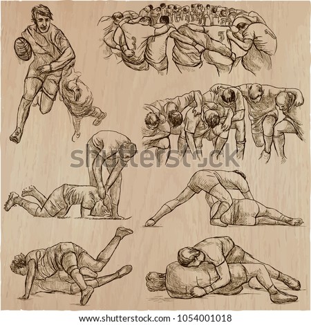An hand drawn VECTOR collection of RUGBY sport. Pack of some sportsmen in different situations. Hand drawings, line art technique, freehands.