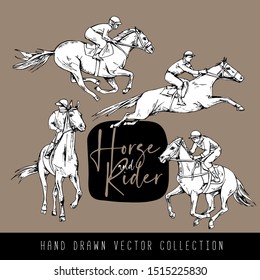 Hand drawn vector collection. The running beautiful horse and rider. 