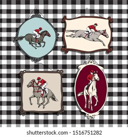 Hand drawn vector collection. The running beautiful horse and rider portrait in a different frames. 