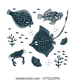 Hand drawn vector collection with sea creatures. Isolated vector element on a white background. Ocean monochrome set. 