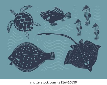 Hand drawn vector collection with sea creatures. Turtle, stingray, flounder and seahorses. Ocean monochrome set. Hand drawn illustration.