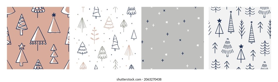 Colección vectorial a mano de patrones sin costura con pinos. Fondo inagotable para fiestas de invierno y diseño navideño. Peces y regalos de arte de línea. Ilustración vectorial plana