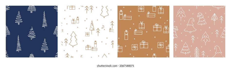 Hand drawn vector collection of seamless patterns with pine trees. Festive endless background for winter holidays and Christmas design. Line art spruces and gifts. Flat vector illustration
