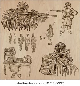 An hand drawn VECTOR collection of SOLDIERS in different situations. Private, Brothers in Arms, Army. Warriors around the World. Hand drawings, freehand sketching. Line art technique.