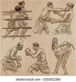 An hand drawn vector collection of sporting event. Box. BOXING sport. Set of some sportmen, boxers. Hand drawings. Line art technique.