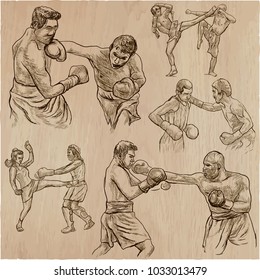 An hand drawn vector collection of sporting event. Box. BOXING sport. Set of some sportmen, boxers. Hand drawings. Line art technique.