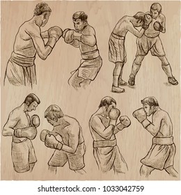 An hand drawn vector collection of sporting event. Box. BOXING sport. Set of some sportmen, boxers. Hand drawings. Line art technique.